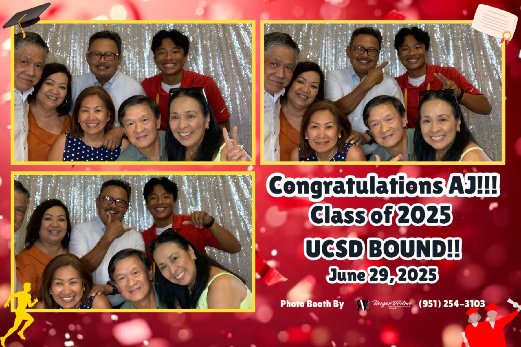 Photo booth collage: Danny Jorda's 70th birthday. Group poses with props in front of a gold backdrop.