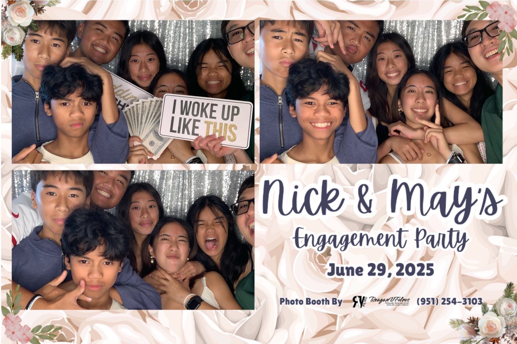 Photo booth collage: Danny Jorda's 70th birthday. Group poses with props in front of a gold backdrop.