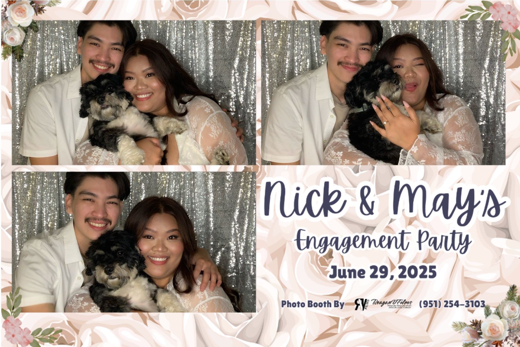 Photo booth collage: Danny Jorda's 70th birthday. Group poses with props in front of a gold backdrop.