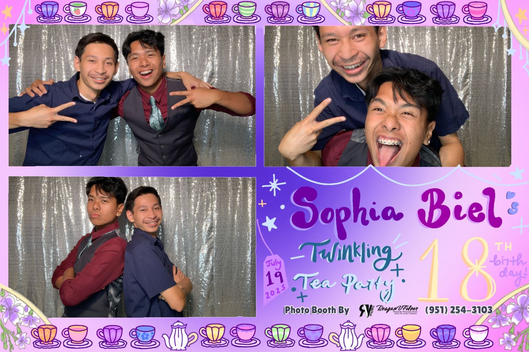 Photo booth collage: Danny Jorda's 70th birthday. Group poses with props in front of a gold backdrop.