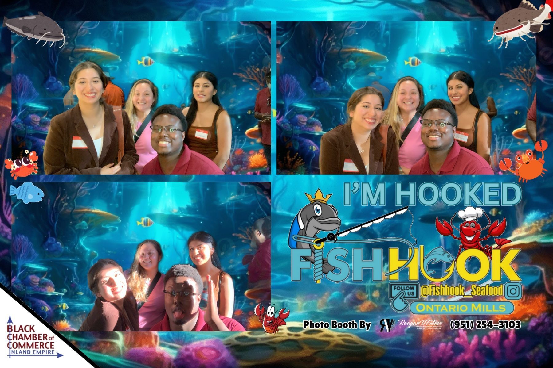 People posing for a photo booth with an underwater theme. Text: 