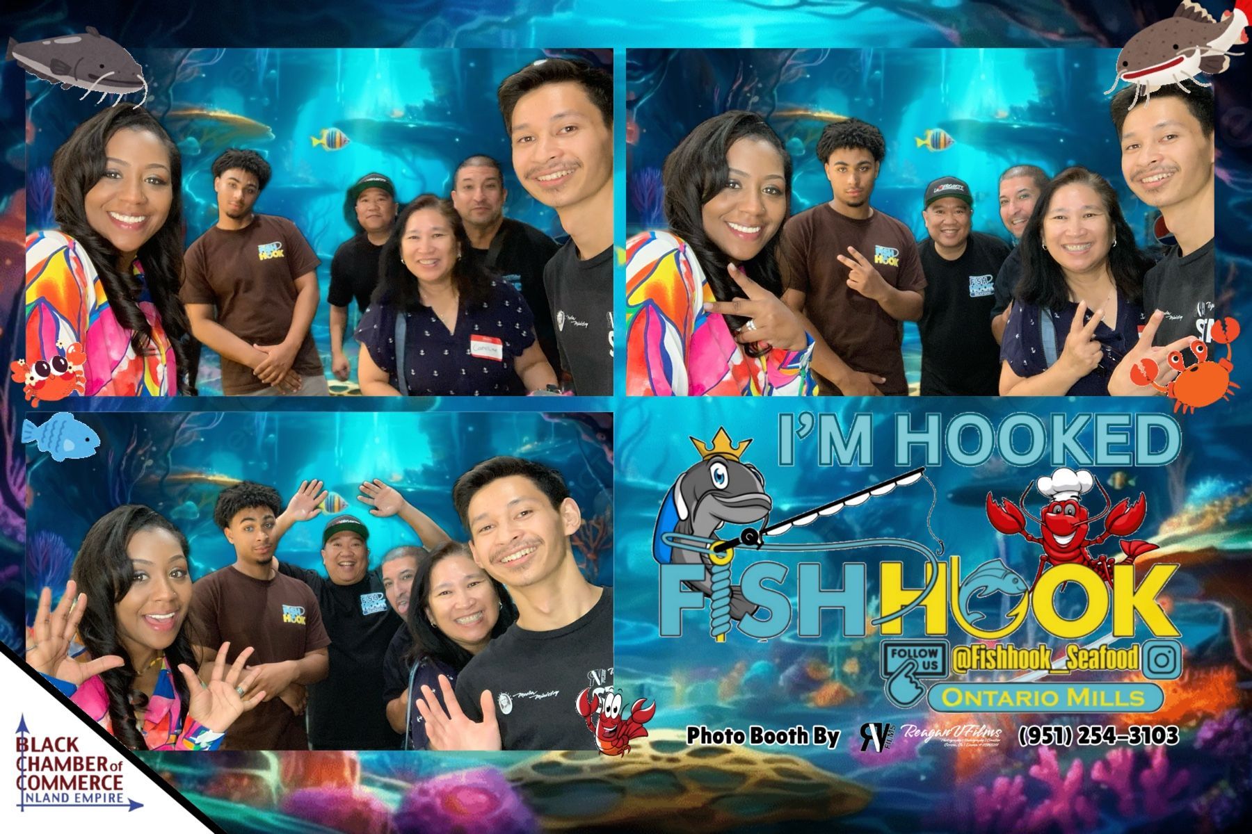 Photo booth snapshots: People posing in front of a colorful underwater backdrop. 