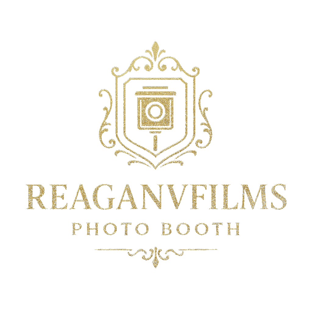 Gold glittery logo for Reagan V Films Photo Booth with a camera icon in a crest.