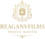 Gold, glittery logo for Reaganvfilms Photo Booth, featuring a decorative crest surrounding a camera icon.