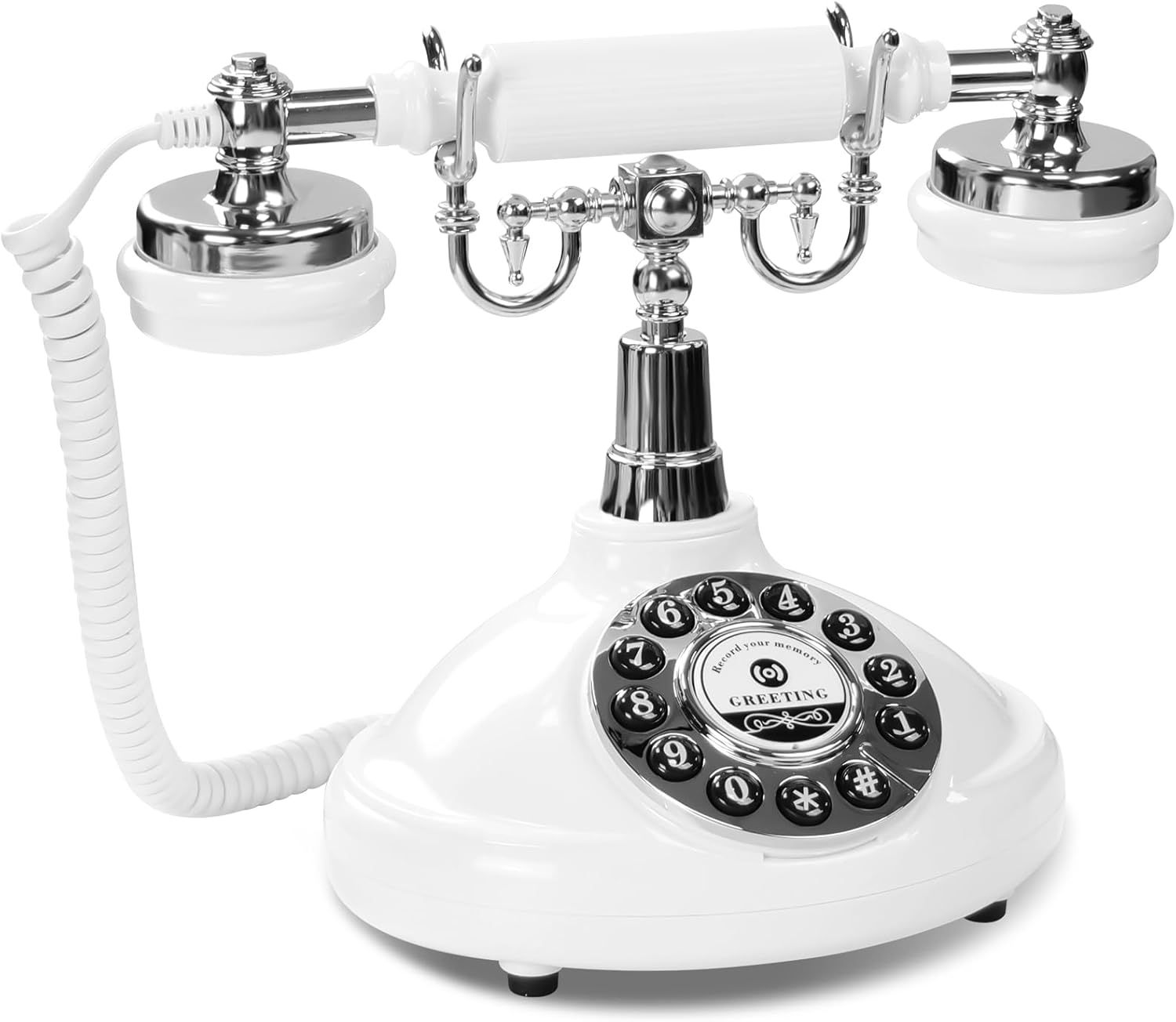 White vintage rotary phone with silver accents.
