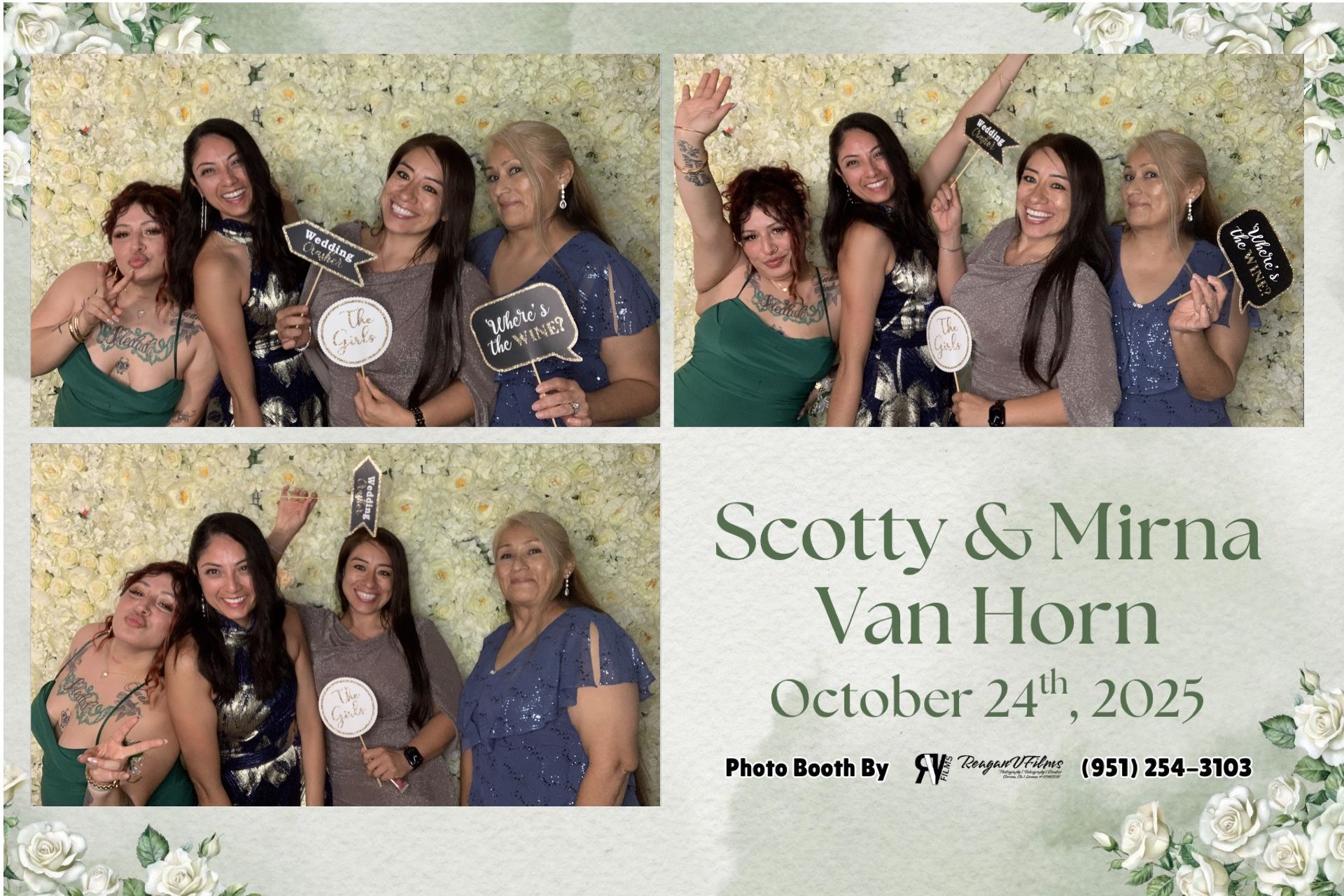 Photo booth collage: Danny Jorda's 70th birthday. Group poses with props in front of a gold backdrop.