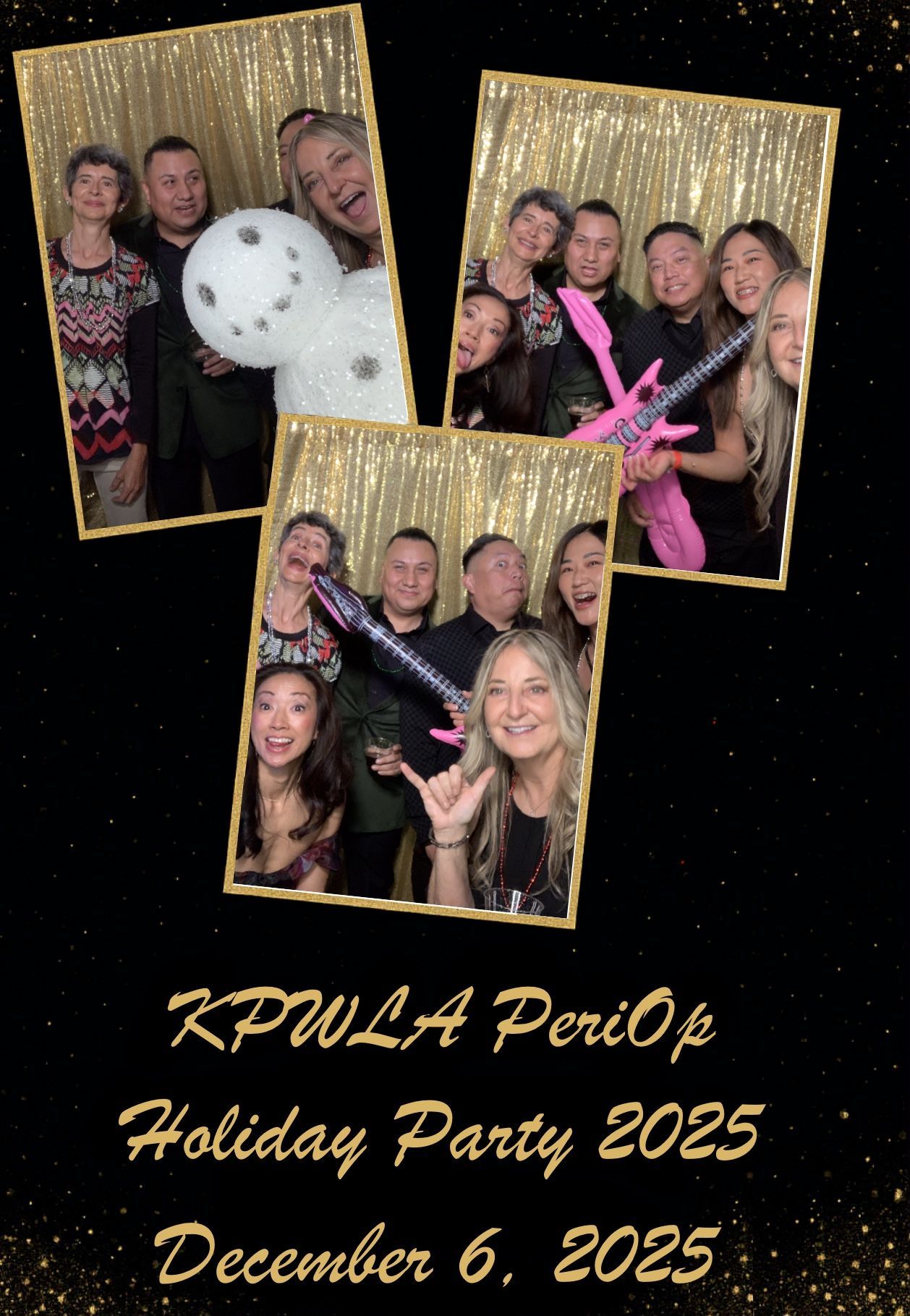 Photo booth collage: Danny Jorda's 70th birthday. Group poses with props in front of a gold backdrop.