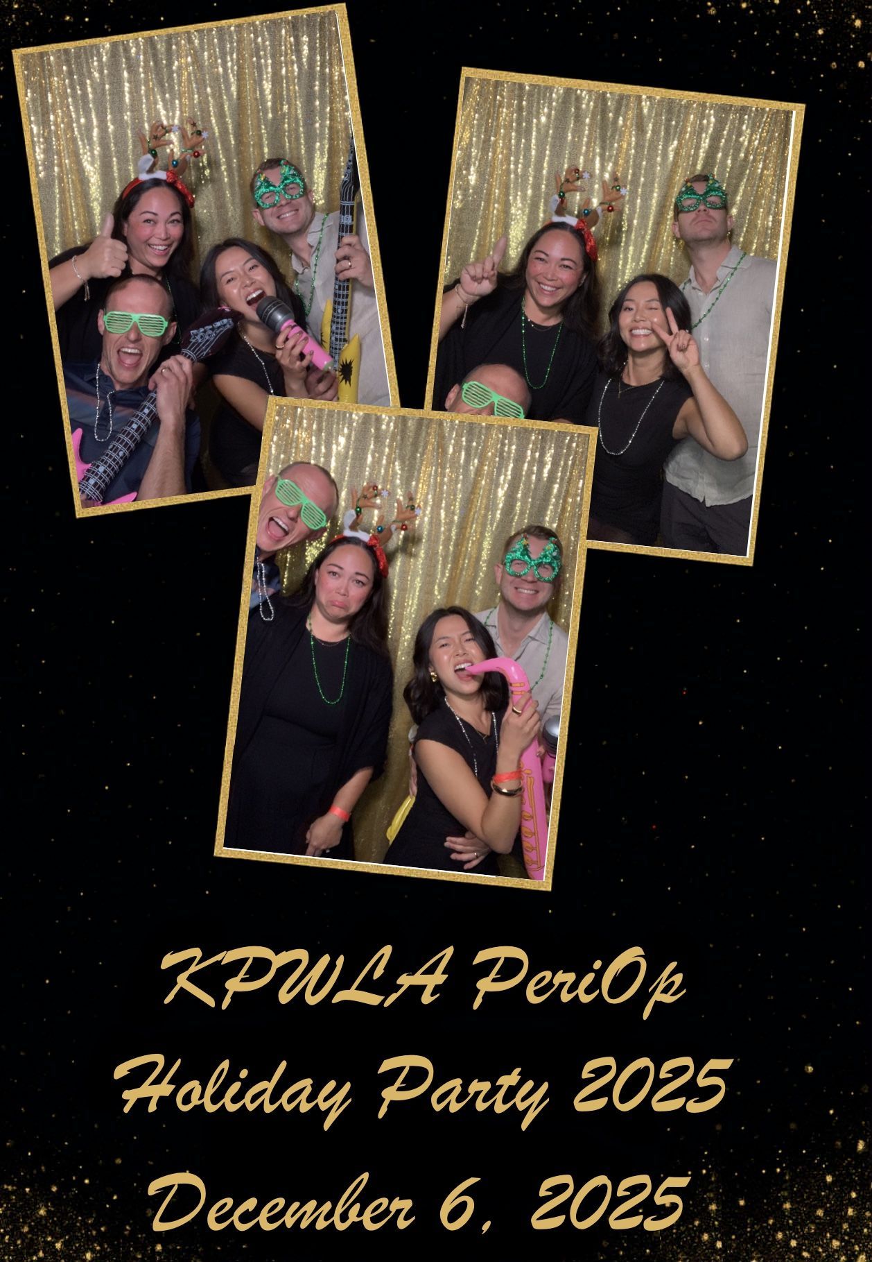 Photo booth collage: Danny Jorda's 70th birthday. Group poses with props in front of a gold backdrop.