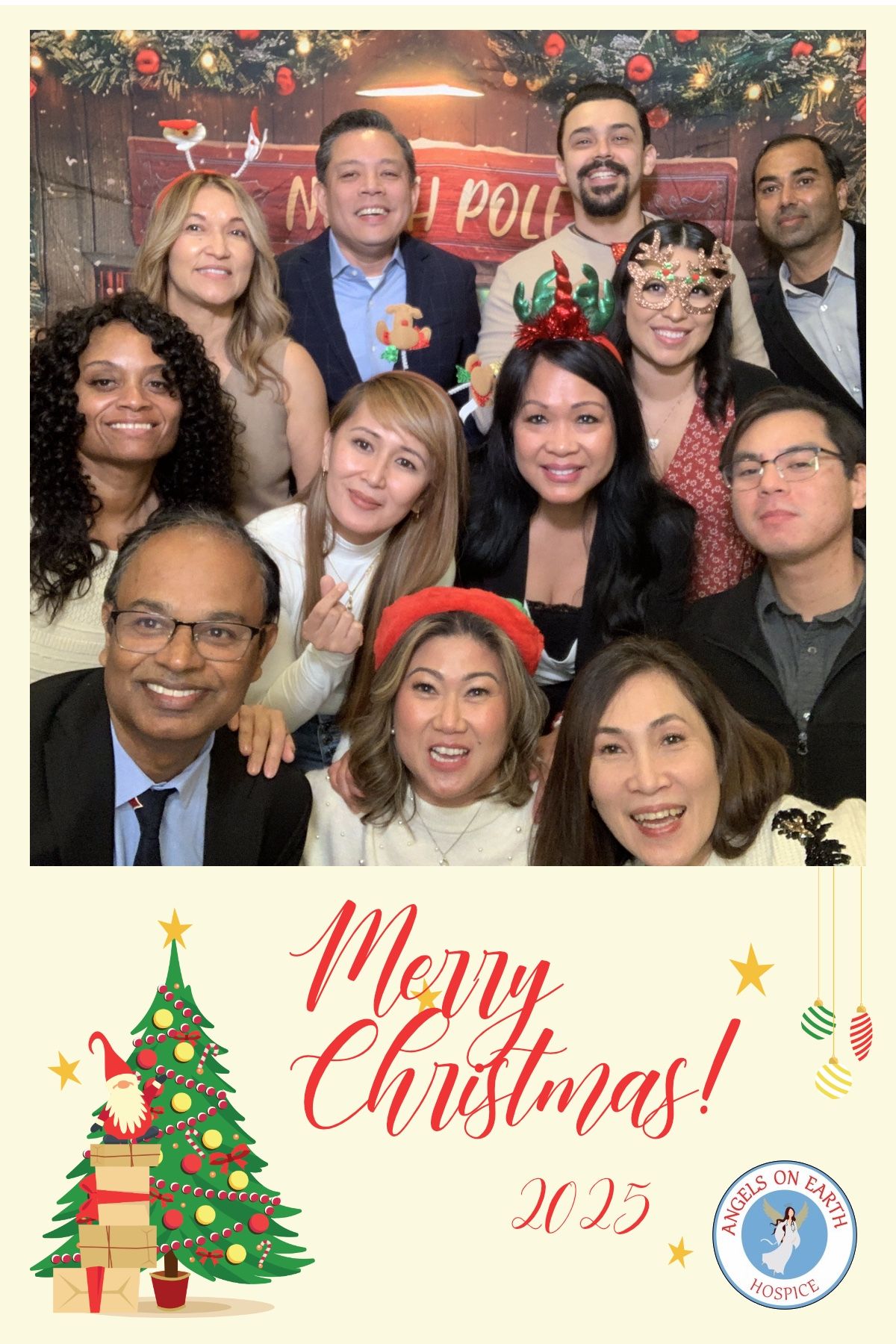 Photo booth collage: Danny Jorda's 70th birthday. Group poses with props in front of a gold backdrop.