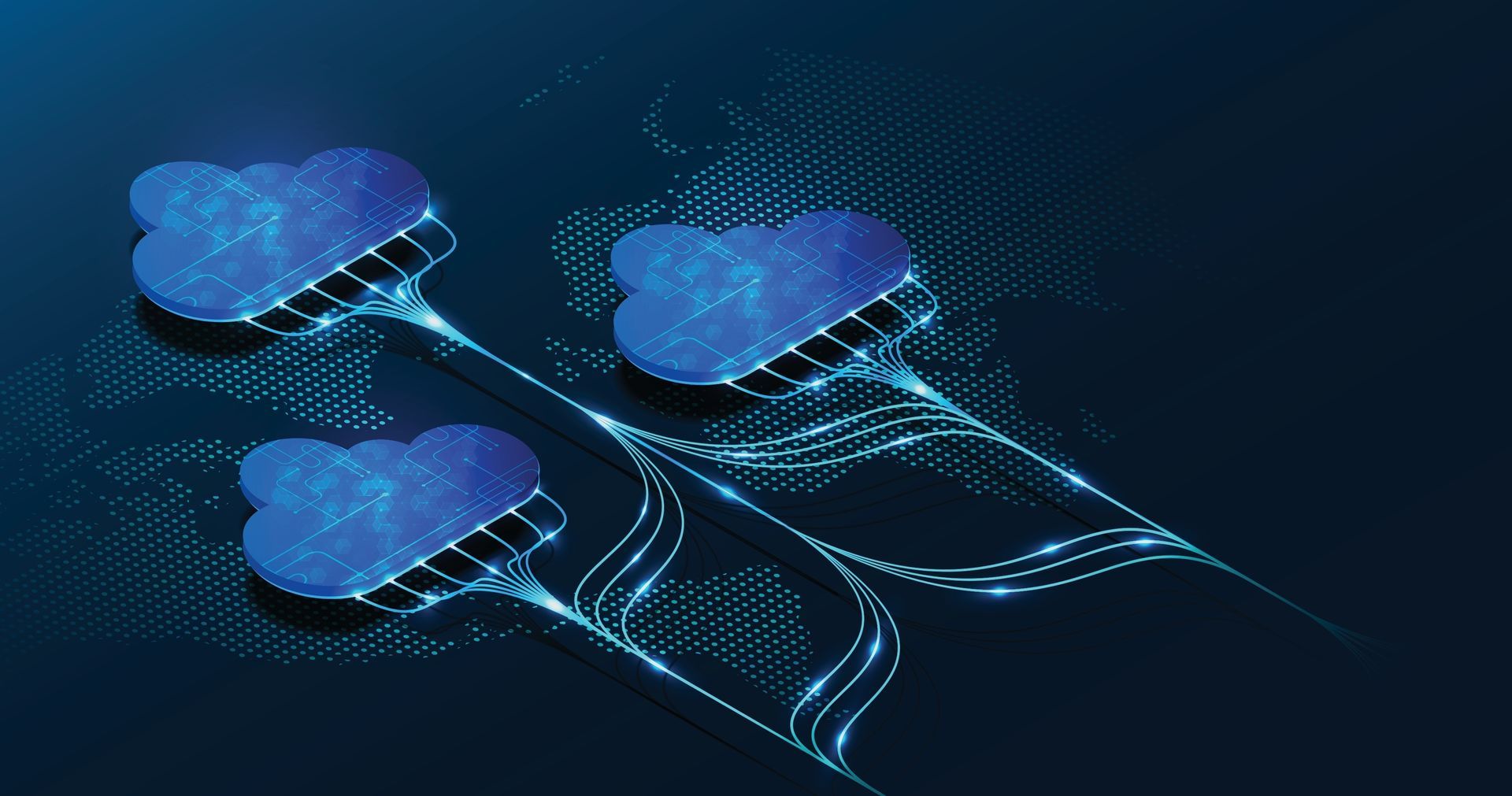 Blue Cloud-Shaped Server Icons Connected by Glowing Lines on a Dark Blue Background — INtelephony In Albury, NSW
