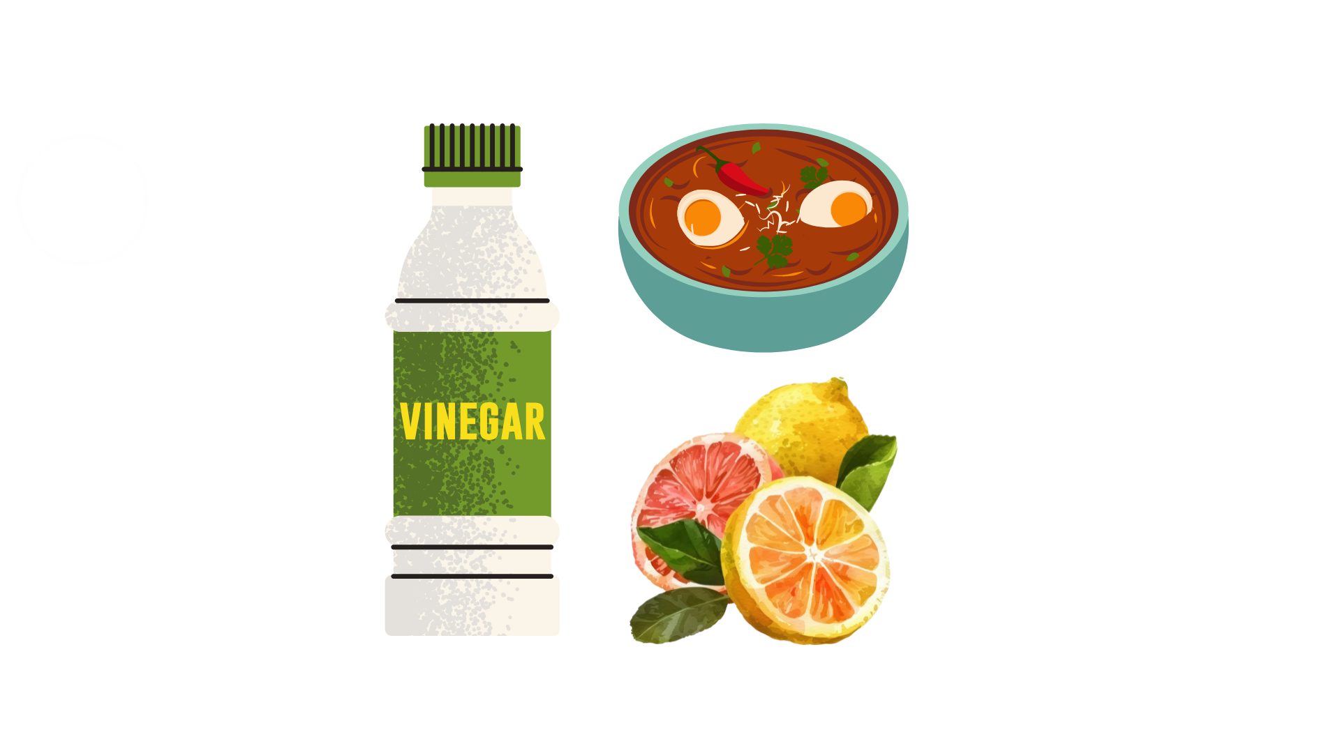 A bottle of vinegar , a bowl of soup , lemons and grapefruit.