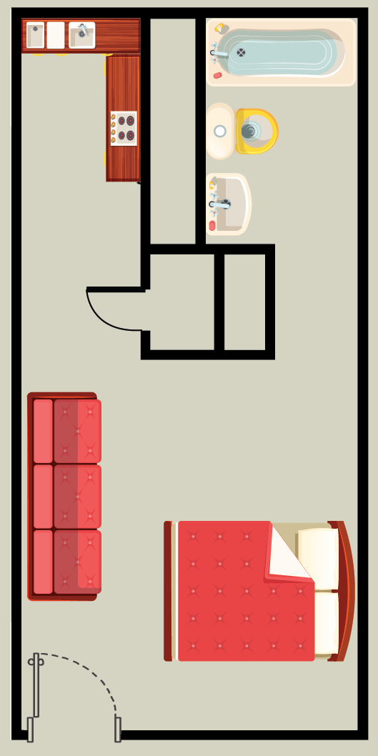 Floor plan of a small apartment with a living space, kitchen, bedroom, and bathroom. Red sofa, bed, and kitchen.