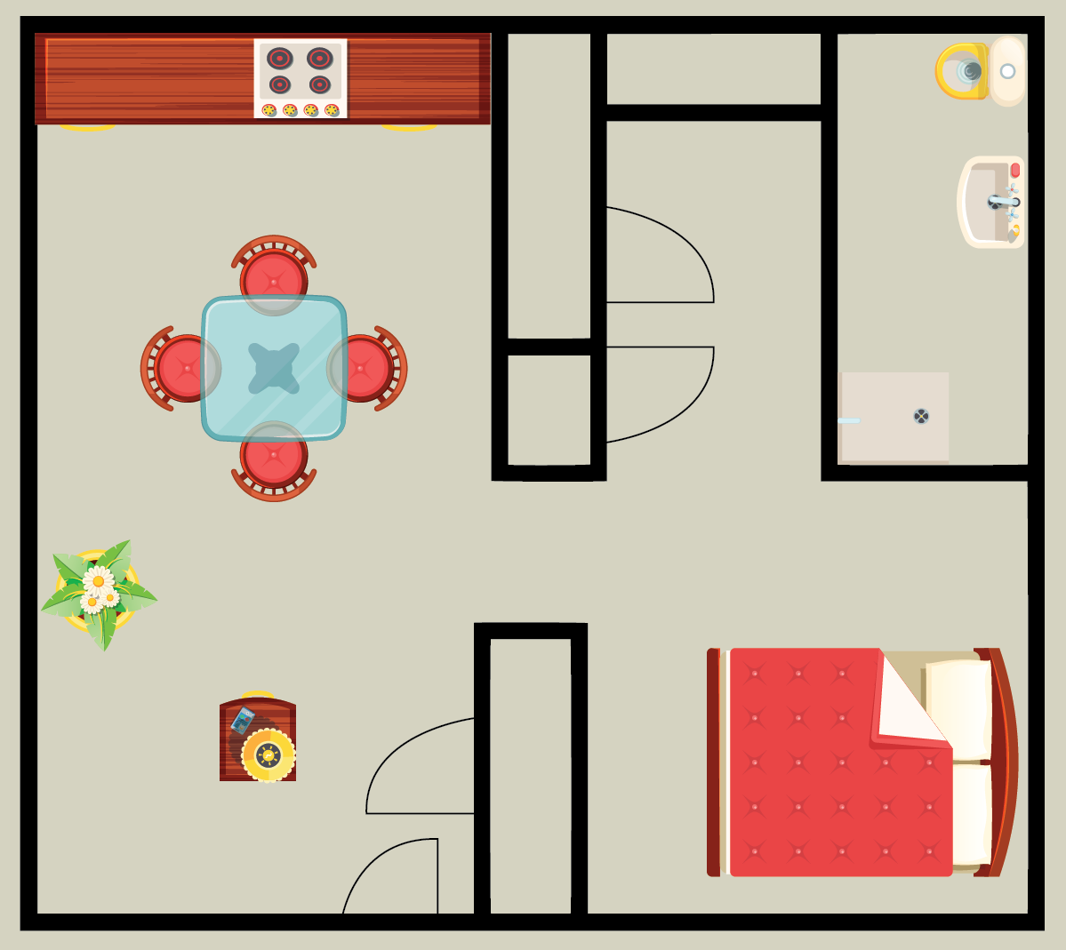 Floor plan: small apartment layout with kitchen, living/dining, bedroom, and bathroom.