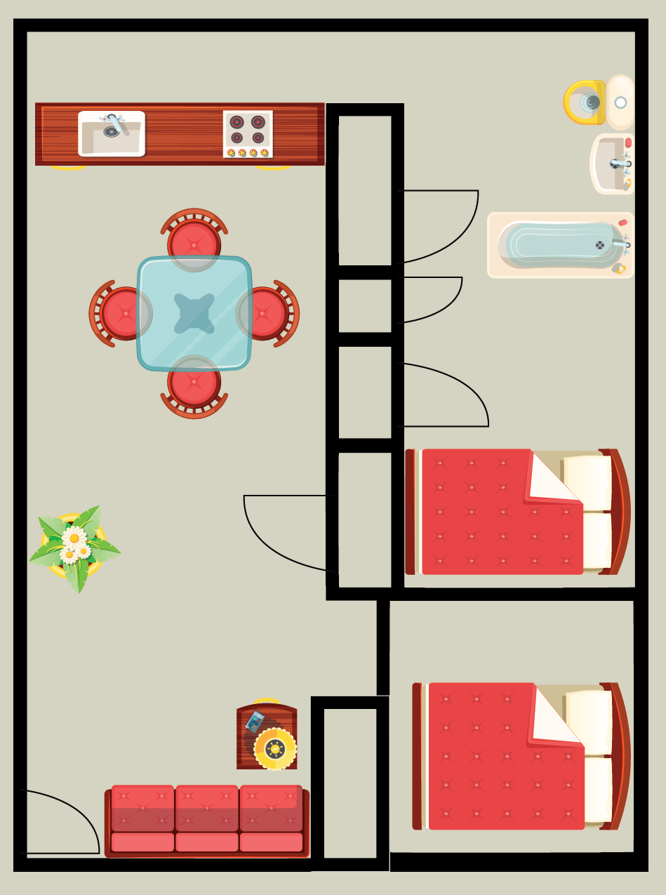 Floor plan of an apartment with kitchen, dining, living, and two bedrooms.