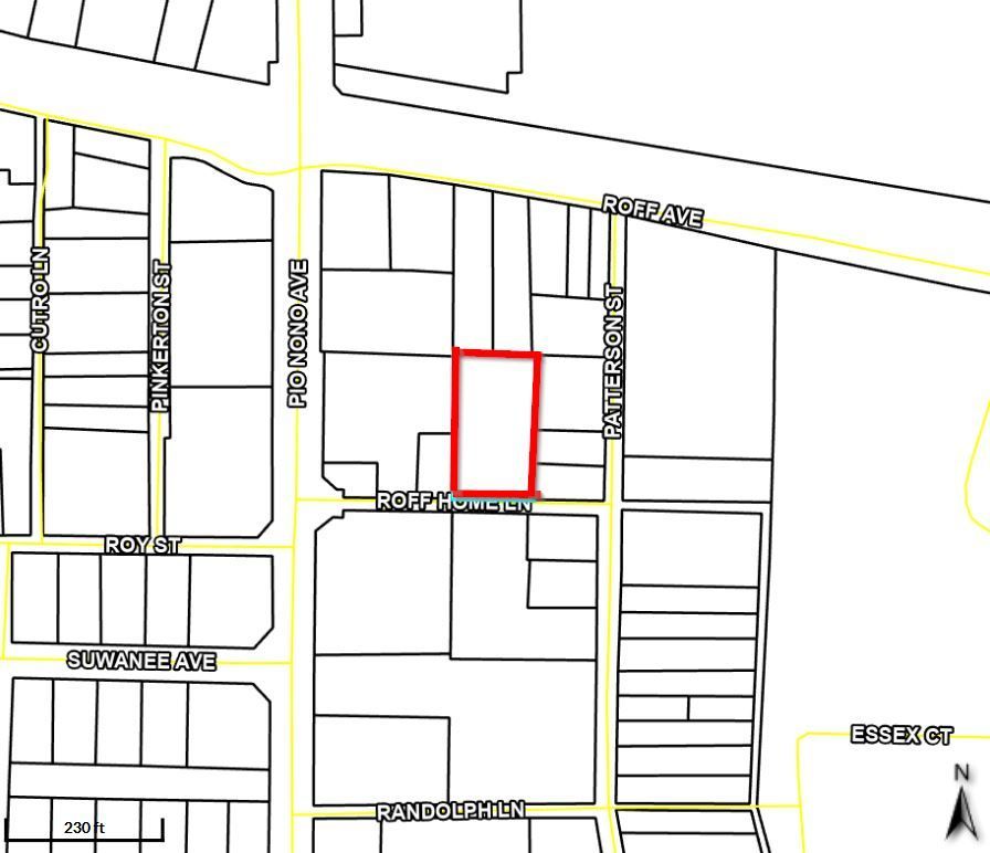 A black and white map of a city with a red square in the middle.