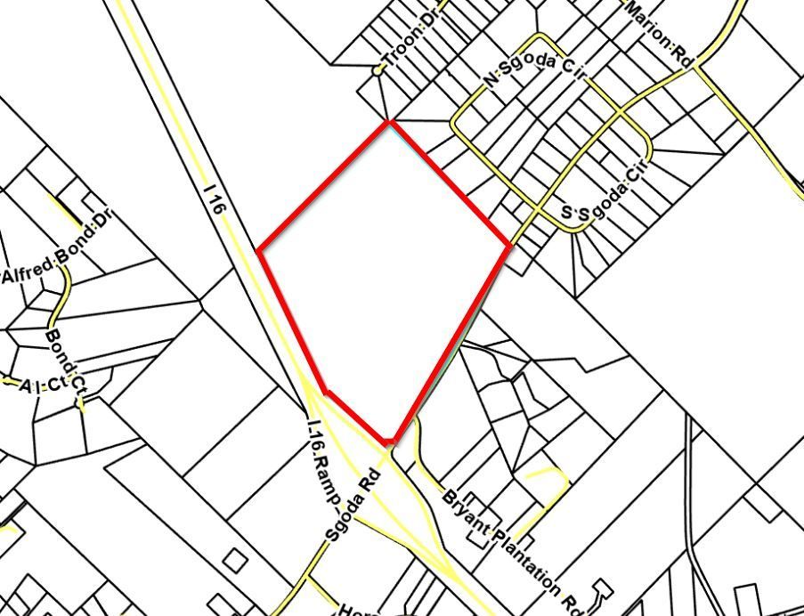 A black and white map with a red circle in the middle