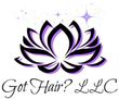 A purple and black lotus flower with the words `` got hair llc '' written below it.