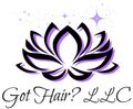 A purple and black lotus flower with the words `` got hair llc '' written below it.
