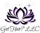 A purple and black lotus flower with the words `` got hair llc '' written below it.
