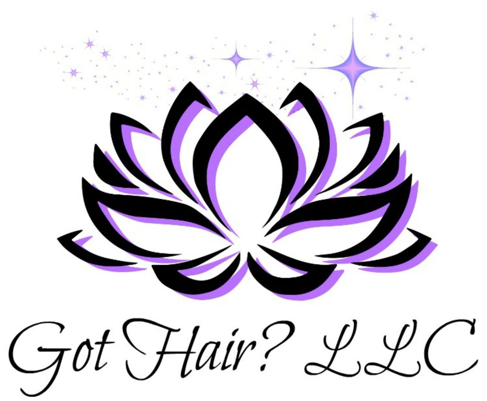A purple and black lotus flower with the words `` got hair llc '' written below it.