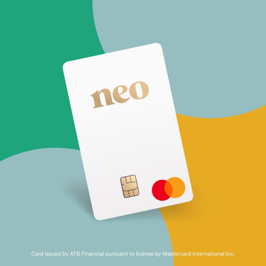 A neo mastercard is sitting on a green and yellow background.