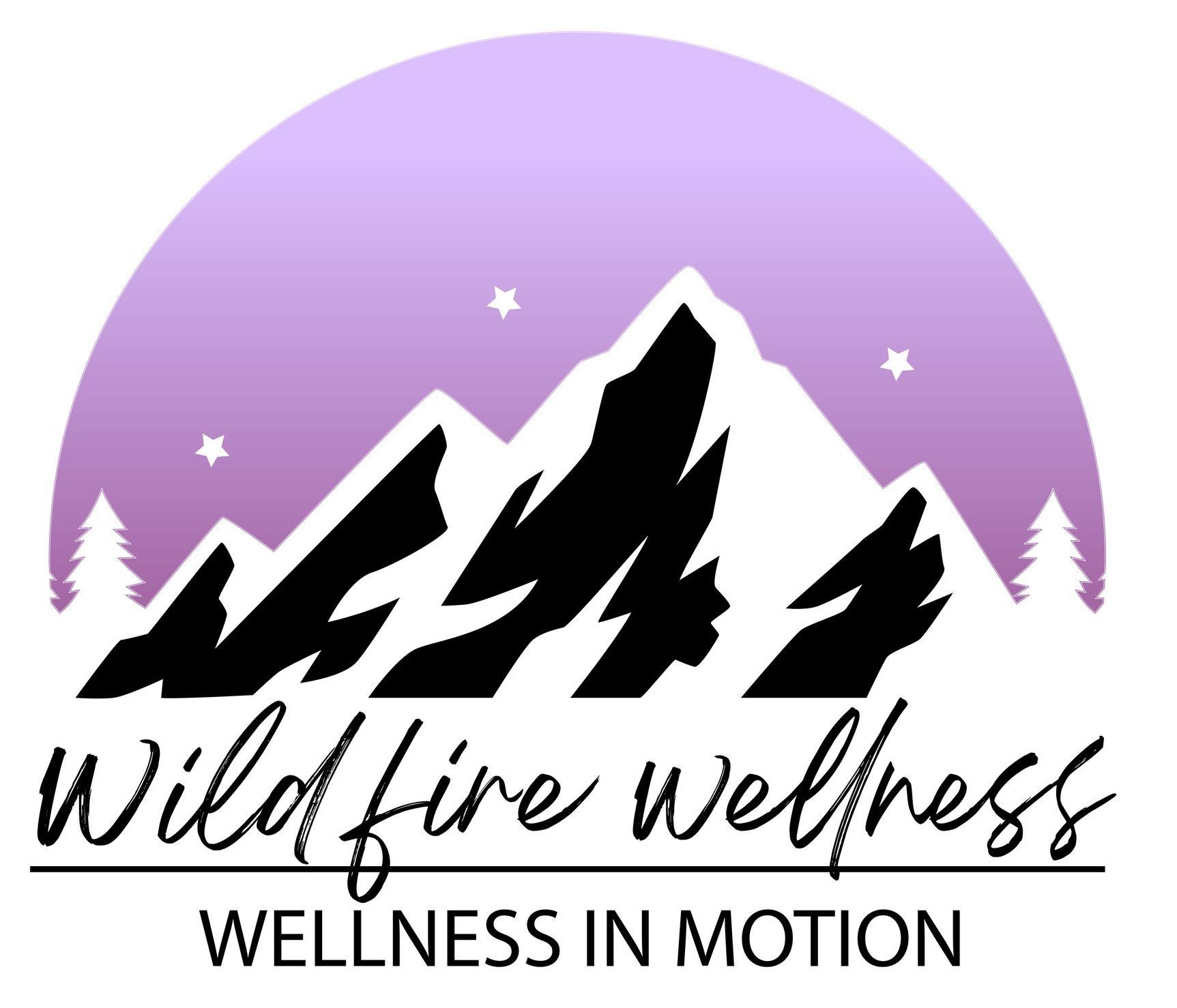A logo for wildfire wellness wellness in motion with a mountain in the background.