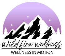 A logo for wildfire wellness wellness in motion with a mountain in the background.