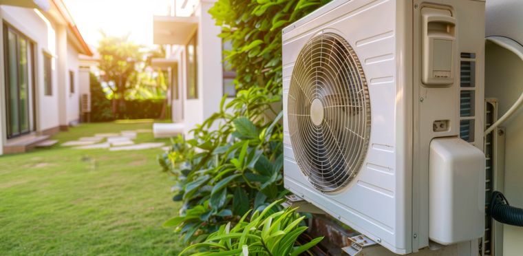 Un climatiseur blanc est monté sur le côté d'une maison.