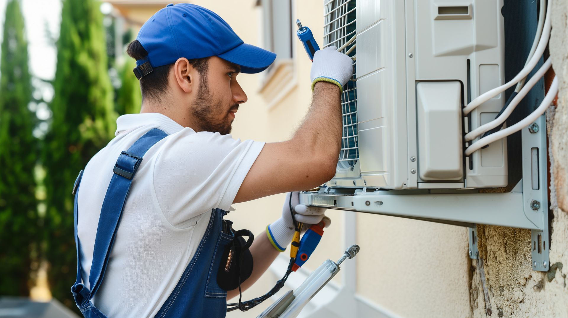 Un homme répare un climatiseur sur le côté d'un bâtiment.