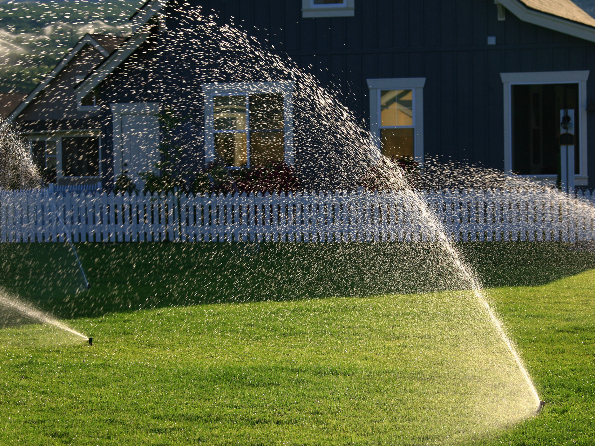 A sprinkler spraying water on a lush green lawn in front of a house