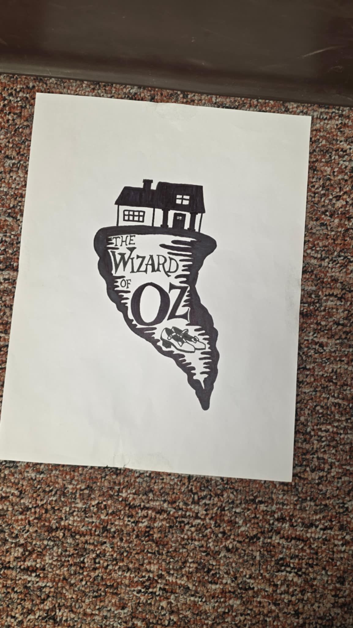 Black and white illustration of a house atop a tornado with