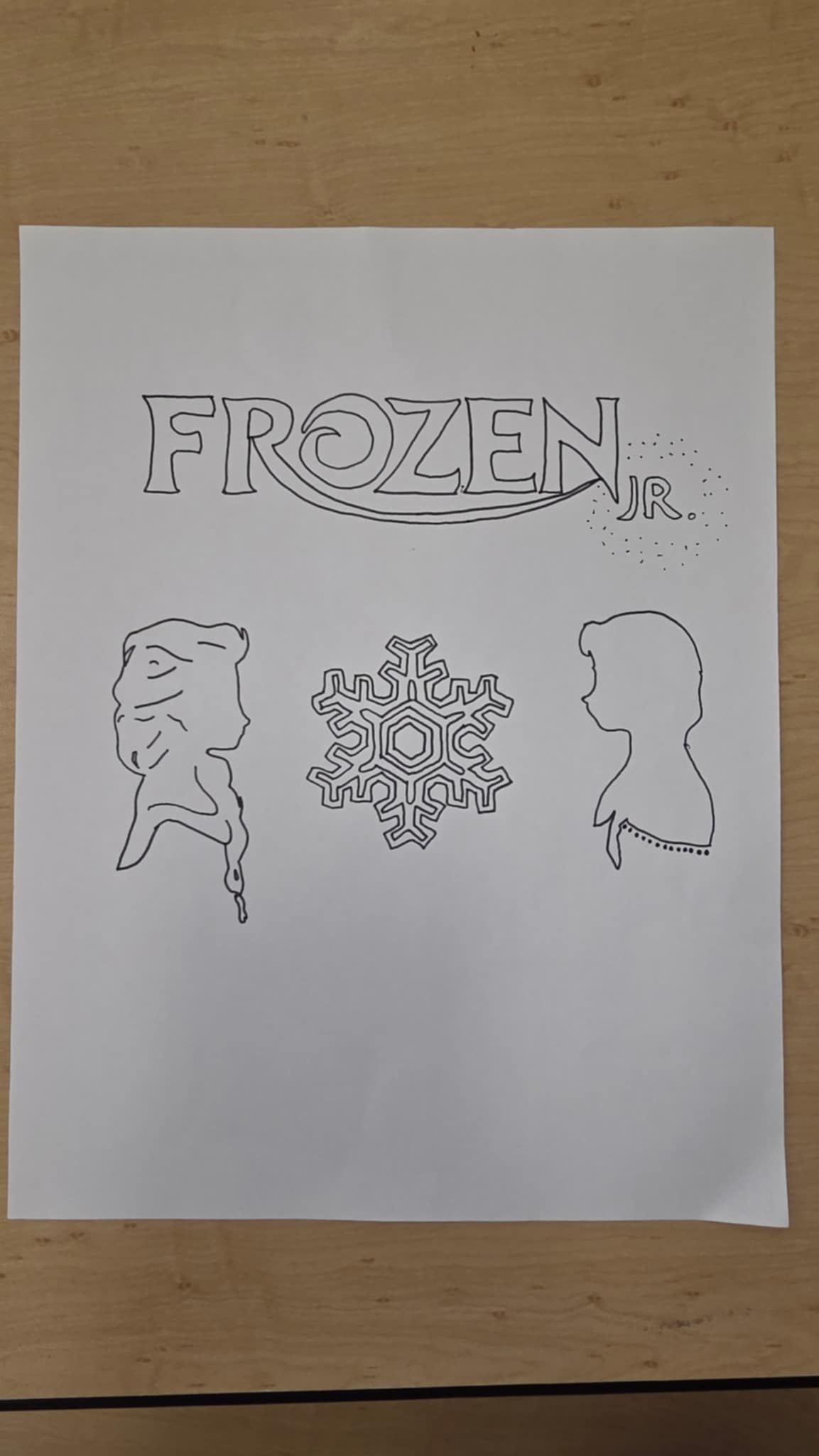 Frozen-themed outline: title, snowflake, and characters on white paper.