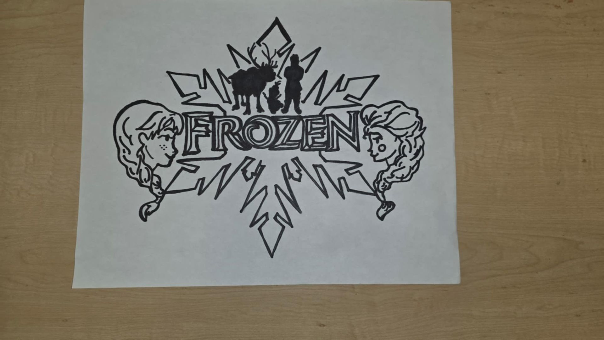 Frozen logo with Anna, Elsa, and other characters, inside a snowflake design, drawn in black ink.