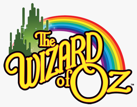The wizard of oz logo with a rainbow in the background