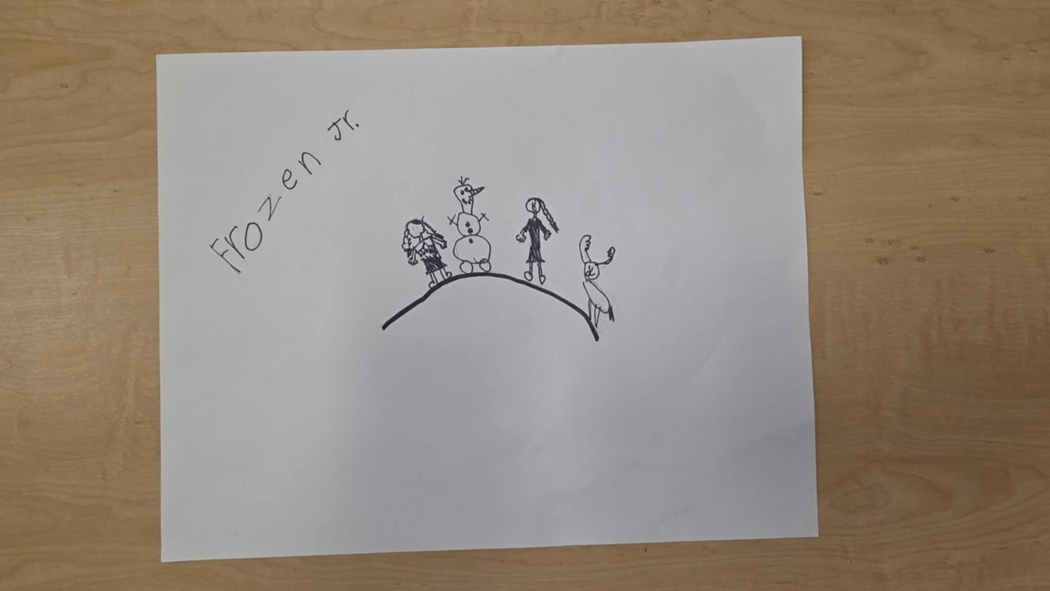 Drawing of characters on a hill, possibly from a movie, and the word 