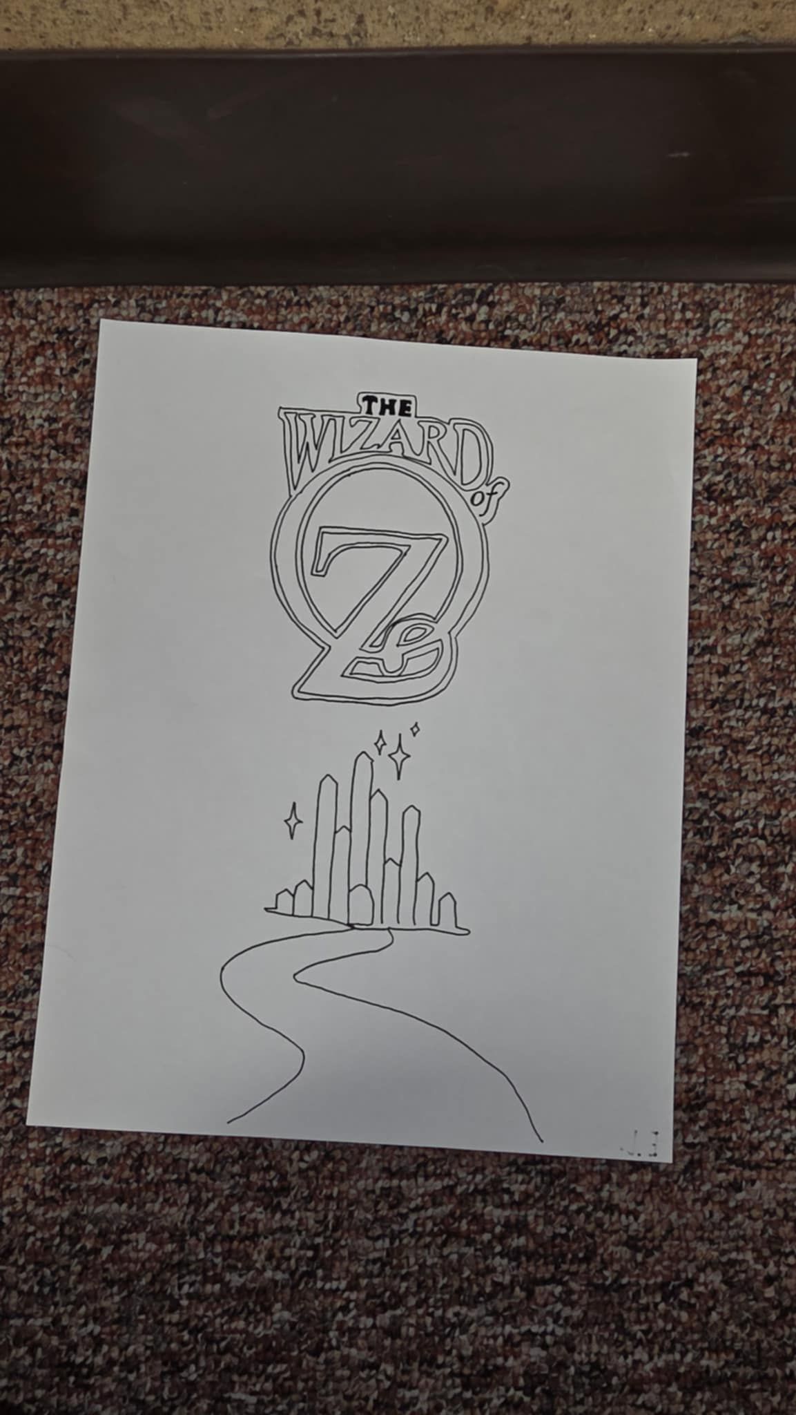 Black ink drawing of a stylized clock tower with path, on white paper.