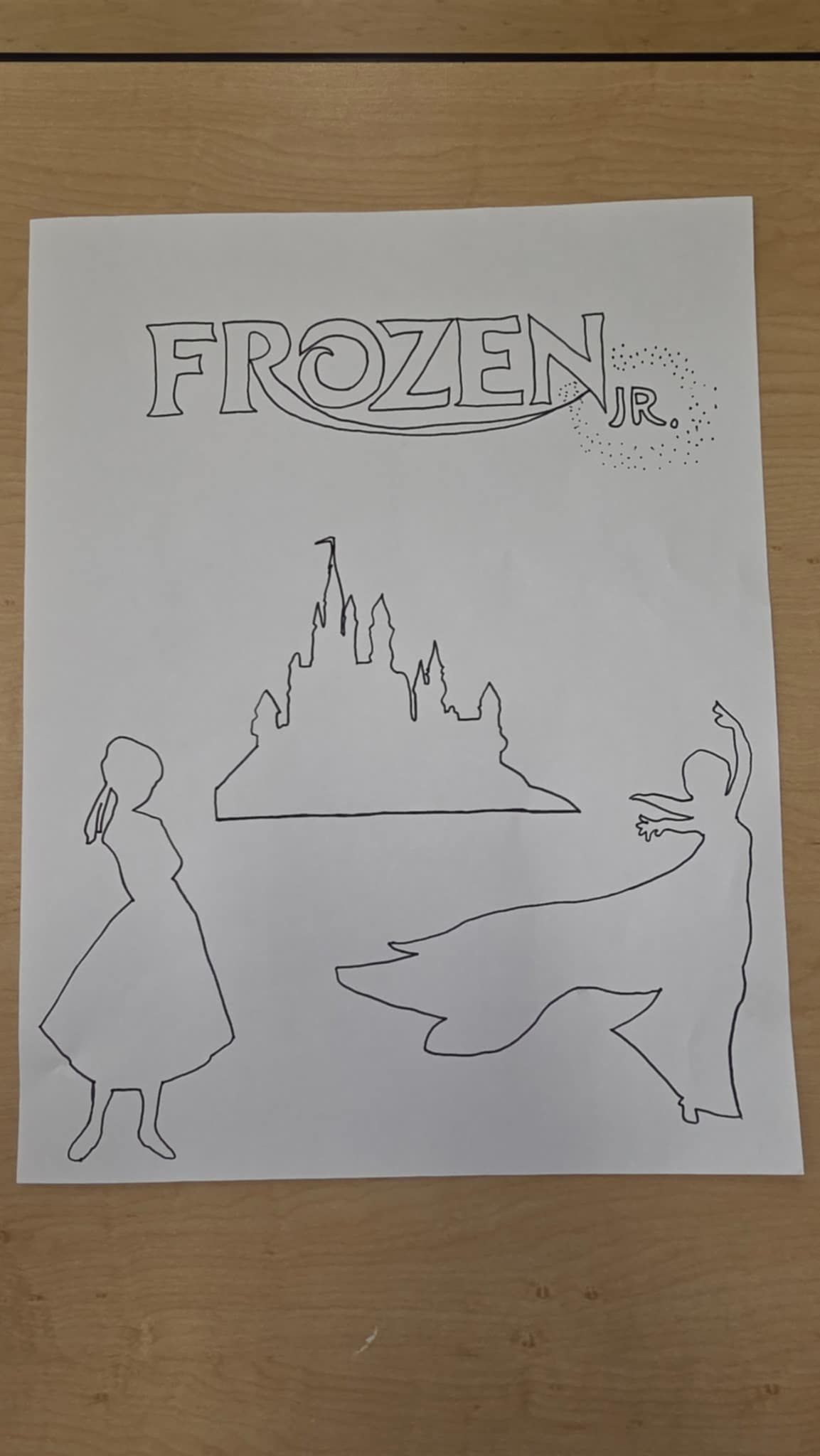 Frozen-themed stencil: text, castle, and silhouettes of two characters.