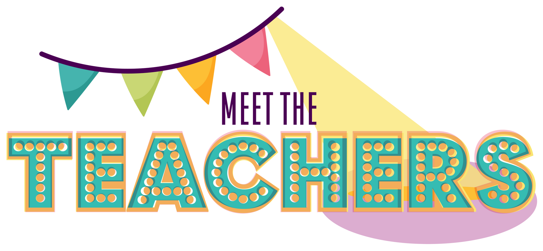 A logo for meet the teachers with a spotlight and flags.