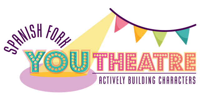 The logo for the spanish fork youth theatre actively building characters.