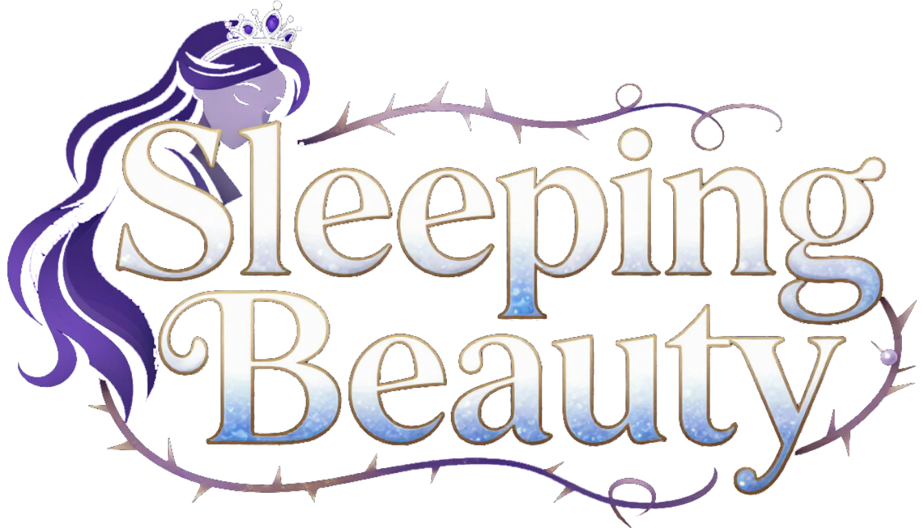 Stylized purple and gold “Sleeping Beauty” title with ornate swirls on a white background
