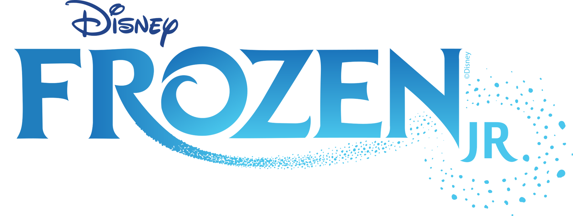 The logo for disney 's frozen jr . is blue and white.