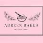 Logo for Adreen Bakes: pink background with a bowl and whisk, flowers, and text reading 
