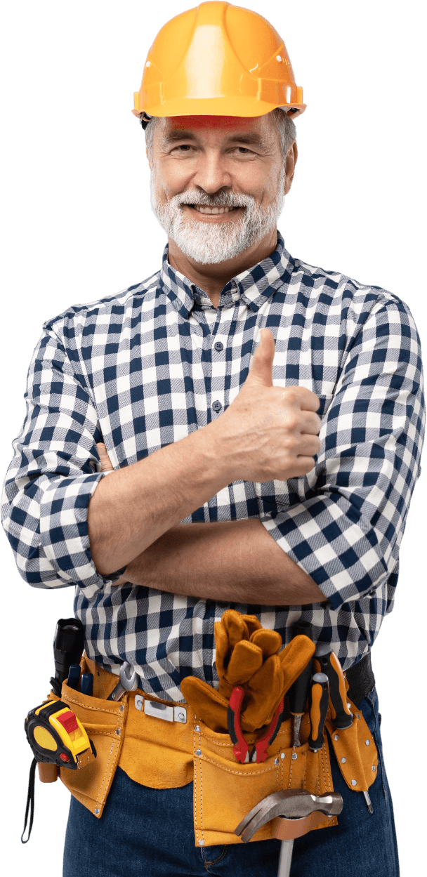 A man wearing a hard hat and tool belt is giving a thumbs up.