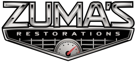 Logo for Zuma's Restorations, in chrome and black, with a speedometer in the center.