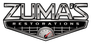 Logo for Zuma's Restorations, silver text over a black badge with a speedometer, white background.