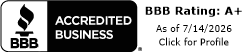 BBB Accredited Business badge with A+ rating, as of 7/14/2026, and