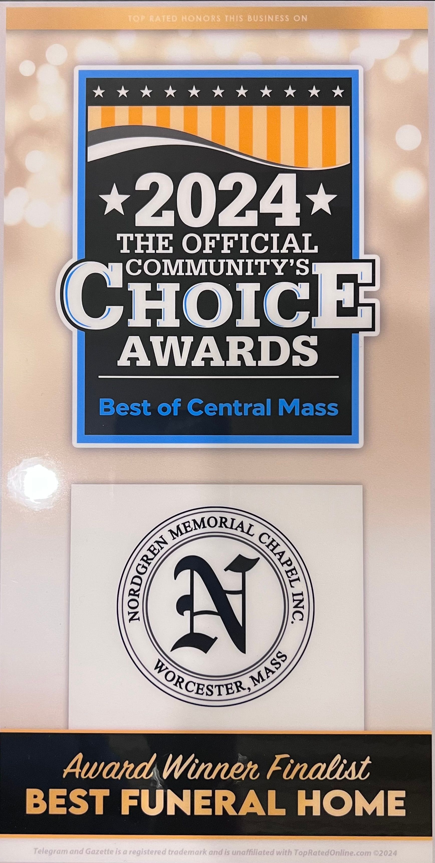 2024 Community's Choice Award for Best Funeral Home in Central Mass, awarded to a funeral home.