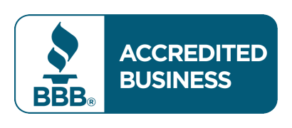 BBB Accredited Business logo, white with torch and blue rectangle with 