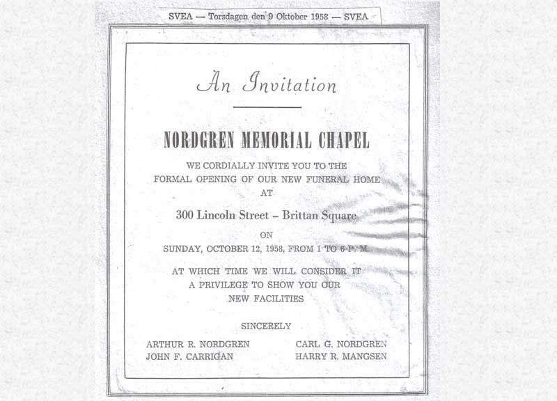 Invitation to Nordgreg Memorial Chapel formal opening at 300 Lincoln Street on Sunday, October 13, 1968.