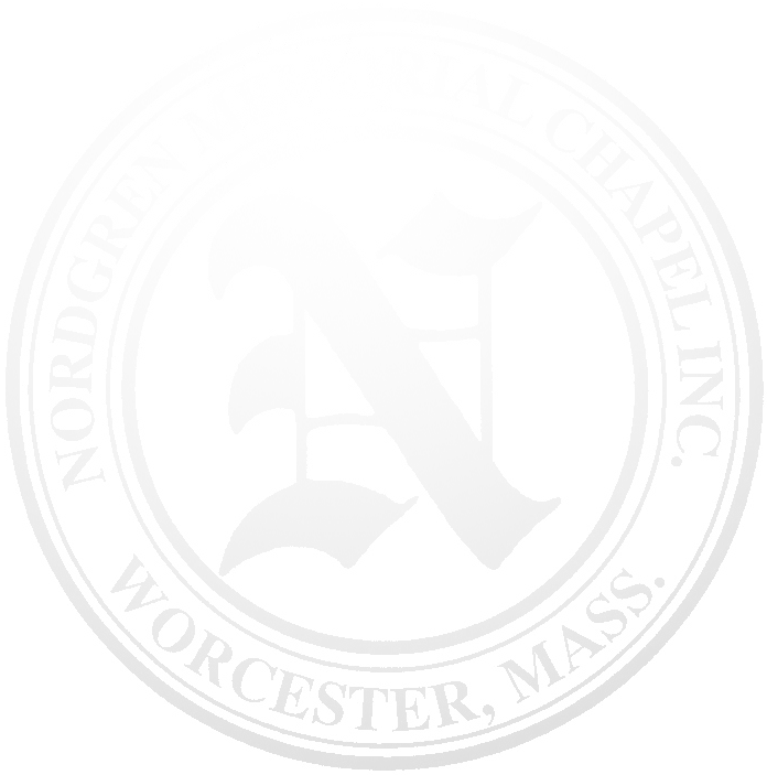 Nordgren Memorial Chapel logo. White seal with letter "N" and text "Worcester, Mass."